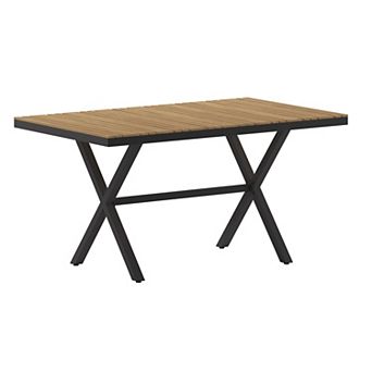 Emma and Oliver Fena 59" x 35.5" Outdoor X-Frame Dining Table with Faux Teak Poly Slat Top and Metal Frame