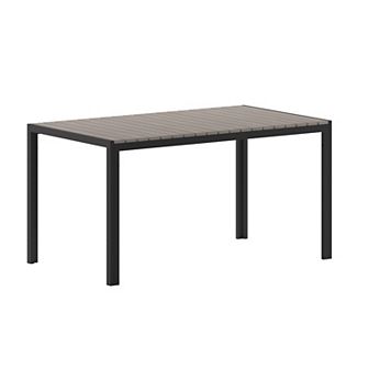 Emma and Oliver Fena 55" x 31" Outdoor Dining Table with Faux Teak Poly Slat Top and Metal Frame