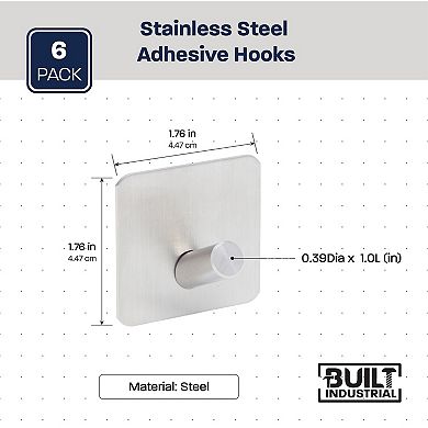 Stainless Steel Heavy Duty Adhesive Wall Hooks For Hanging (1.76 In, 6 Pack)