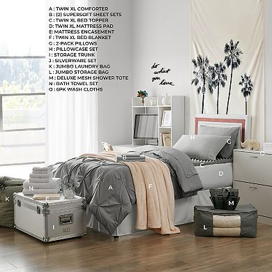 Ultimate College Dorm Supplies Pack - Twin XL Bedding Set with Pin Tuck Comforter