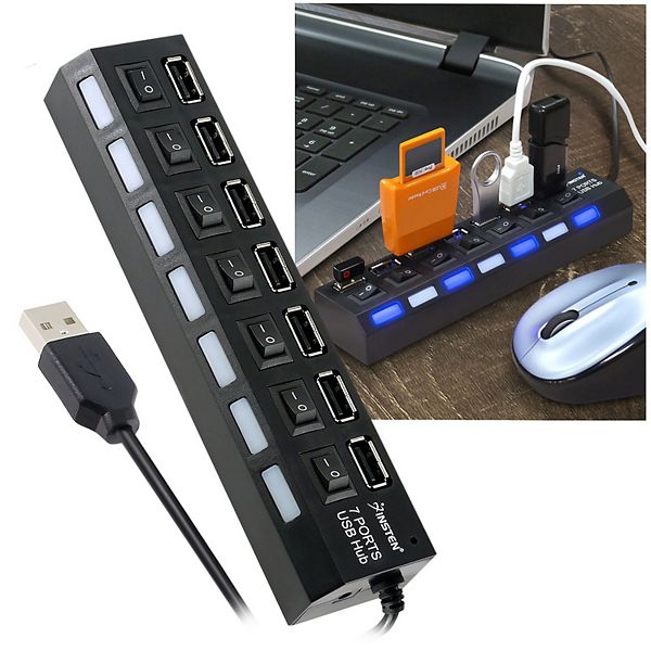 7-Port USB 2.0 Multi Charger Hub with High Speed Adapter ON/OFF Switch Laptop/PC - Black