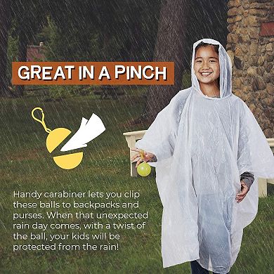 Juvale 4 Pack Disposable Rain Ponchos for Kids with Hood and Attachable Round Case, Clear Plastic Raincoats for Emergency, Girls, Boys (White)