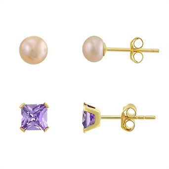 Taylor Grace 10k Gold Pink Cultured Freshwater Pearl & Amethyst Cubic Zirconia Stud Earring Set