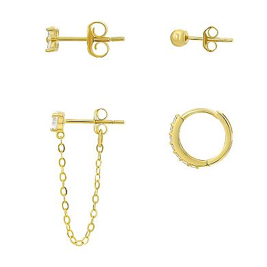 Taylor Grace 10K Gold Ball & Cubic Zirconia Huggie & Clover Earring Set