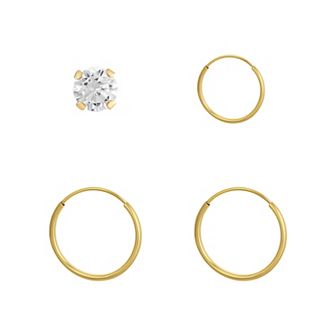 Taylor Grace Cubic Zirconia 10k Gold Graduated Hoop and Stud Earring Set
