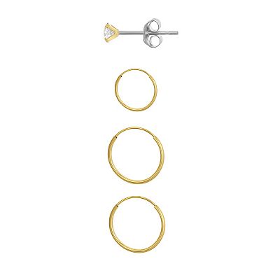 Taylor Grace Cubic Zirconia 10k Gold Graduated Hoop and Stud Earring Set