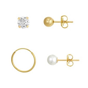 Taylor Grace 10k Gold Ball, Pearl, Cubic Zirconia & Hoop Earring Set