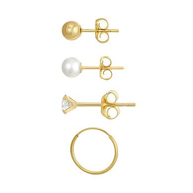 Taylor Grace 10k Gold Ball, Pearl, Cubic Zirconia & Hoop Earring Set
