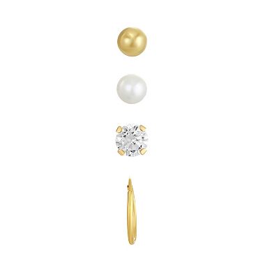 Taylor Grace 10k Gold Ball, Pearl, Cubic Zirconia & Hoop Earring Set