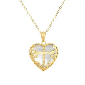 Taylor Grace 10k Gold Mother-of-Pearl Heart with Cross Overlay Pendant Necklace
