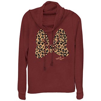 Disney's Minnie Mouse Juniors' Leopard Print Bow Cowlneck Graphic Lightweight Long Sleeve