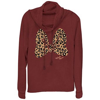 Disney's Minnie Mouse Juniors' Leopard Print Bow Cowlneck Graphic Lightweight Long Sleeve