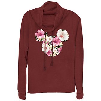 Disney's Mickey Mouse & Friends Juniors' Mickey Floral Fill Cowlneck Graphic Lightweight Long Sleeve