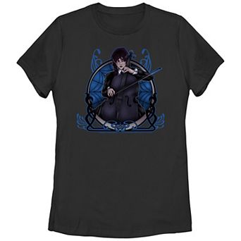 Juniors' Wednesday Addams Cello Glass Window Graphic Tee