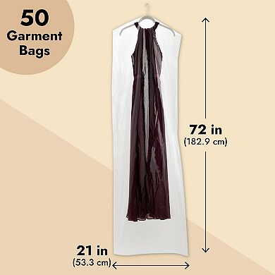 50 Pack Long Plastic Garment Bags For Hanging Clothes, Covers For Gowns Dresses