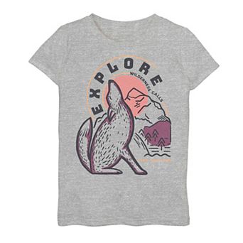 Girls 7-16 Explore Wilderness Calls Wolf Landscape Sunset Graphic Tee