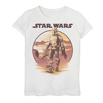 Girls The Mandalorian N-1 Star Fighter Din Djarin Grogu Sunset Graphic Tee