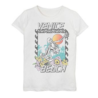 Girls Trendy Venice Beach Skateboarding Skeleton Graphic Tee