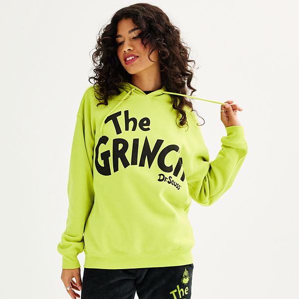 Juniors' Dr. Seuss's The Grinch Green Headshot Cropped Graphic Hoodie