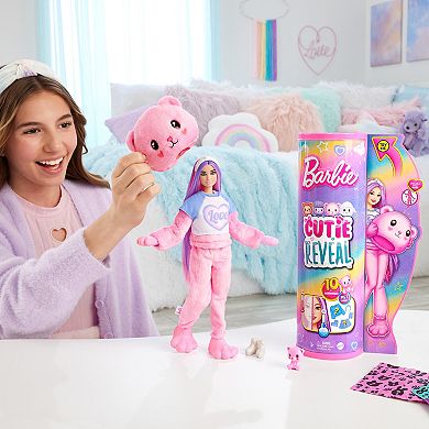 Barbie® Barbie Cutie Reveal Doll & Accessories, Cozy Cute Tees Teddy Bear In “Love” T-Shirt, Purple-Streaked Pink Hair & Brown Eyes