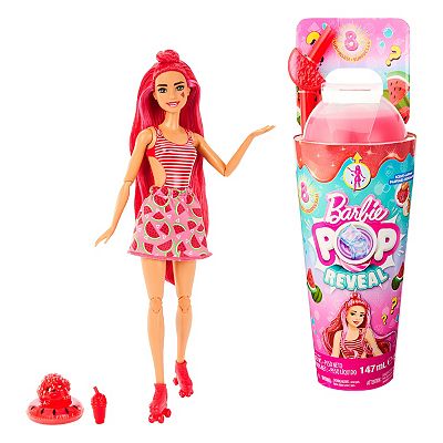 Barbie Pop Reveal Fruit Series Watermelon Crush Pink Streaked Red Hair Brown Eyes Barbie Doll 8 Surprises