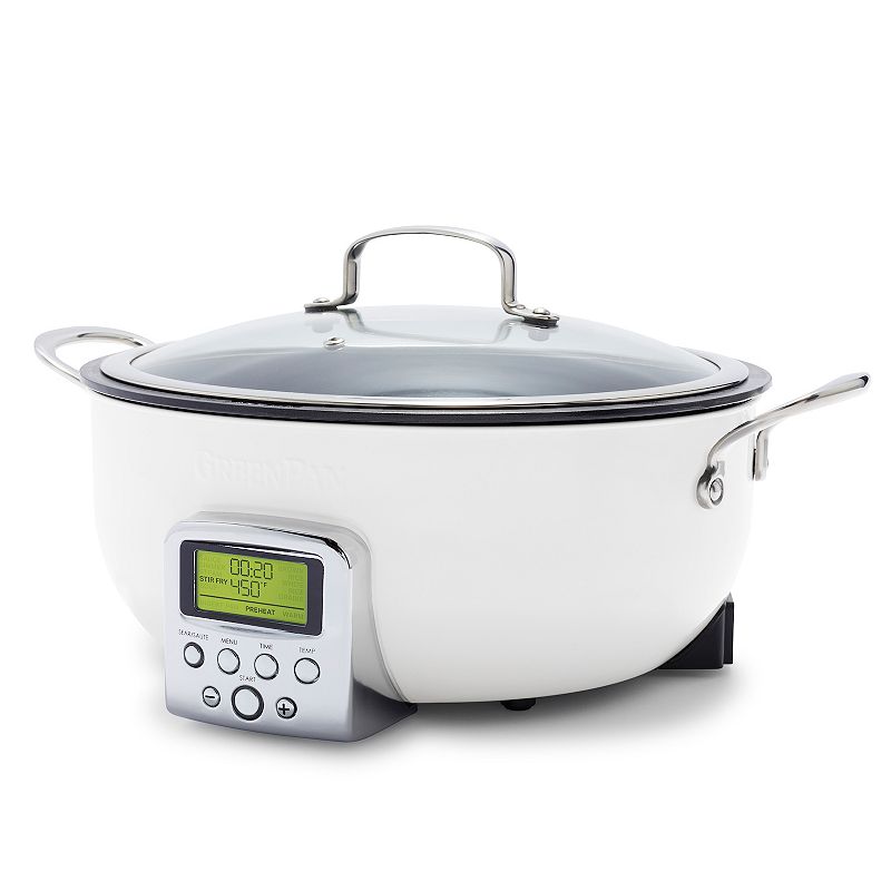 GreenPan 6qt Elite Nonstick Essential Slow Cooker & Smart Skillet Ceramic Cloud Cream: 10 Settings, Digital Timer, Dishwasher-Safe