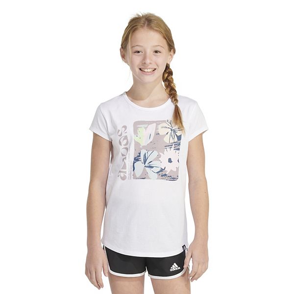 adidas Girls' Short Sleeve Cotton Scoop Neck Tee T-Shirt, White Floral
