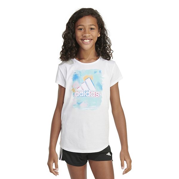 adidas Girls' Short Sleeve Cotton Scoop Neck Tee T-Shirt, White with Light Blue