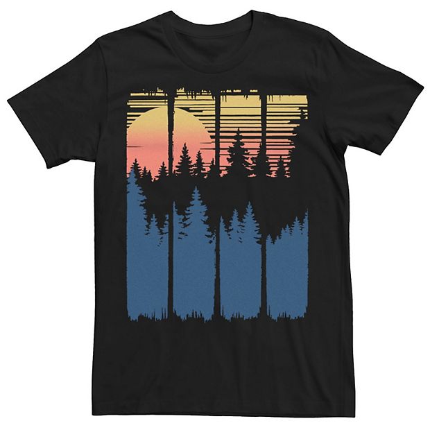 Women's Sunset Pine Tree T-Shirt - Retro Sun Graphic Tee, Casual Short Sleeve Top In Green (XL) - Soft Cotton Blend