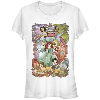 Disney Princess Jasmine, Tiana, Cinderella, Ariel, Aurora, Belle & Snow White Movie Collage Juniors' Fitted Graphic Tee