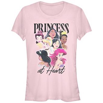 Disney Princess Pocahontas, Belle, Cinderella, Mulan, Tiana, Jasmine & Ariel Juniors' Princess at Heart Airbrush Fitted Graphic Tee