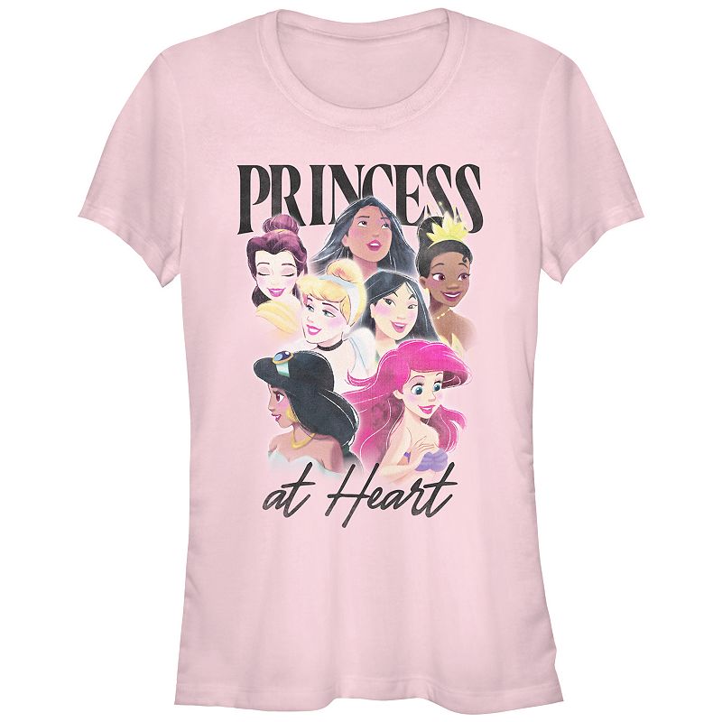Disney Princess Pocahontas, Belle, Cinderella, Mulan, Tiana, Jasmine & Ariel Juniors' Princess at Heart Airbrush Fitted Graphic Tee, Girl's, 