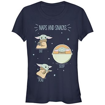 Juniors' Star Wars The Mandalorian The Child Naps And Snacks Fitted Graphic Tee