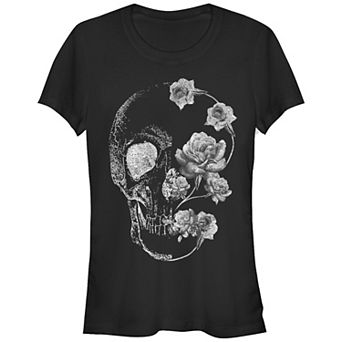 Juniors' White Skull Split Floral Fitted Tee