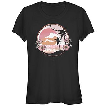 Juniors' Tropical Beach Sunset Theme Retro Fitted Tee