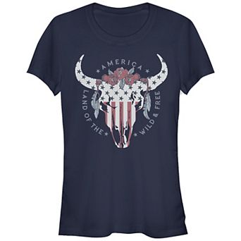 Juniors' Land Of The Free Bull Skull Fitted Tee