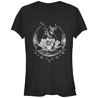 Juniors' Lotus Sitting On Crescent Moon Monotone Fitted Tee