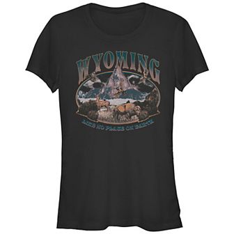 Juniors' Wyoming Like No Place On Earth Mountain Scene Fitted Tee