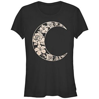 Juniors' Trendy Floral Moon Outline Fitted Tee