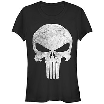 Juniors' Marvel The Punisher Skull Symbol Distressed Fitted Graphic Tee