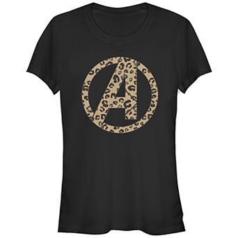 Juniors' Marvel The Avengers Leopard Logo Fill Fitted Graphic Tee