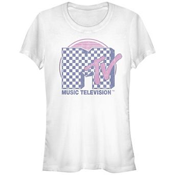 Juniors' MTV Checkered Pattern Sunset Color Fill Logo Fitted Graphic Tee