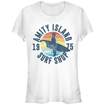 Juniors' Jaws Amity Island Surf Shop 1975 Retro Logo Fitted Graphic Tee