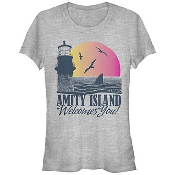 Juniors' Jaws Amity Island Welcomes You Shark Fin Sunset Fitted Graphic Tee