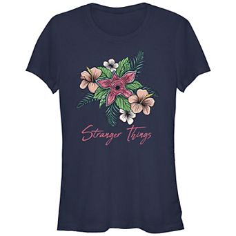 Juniors' Stranger Things Pink Flowers Fitted Graphic Tee