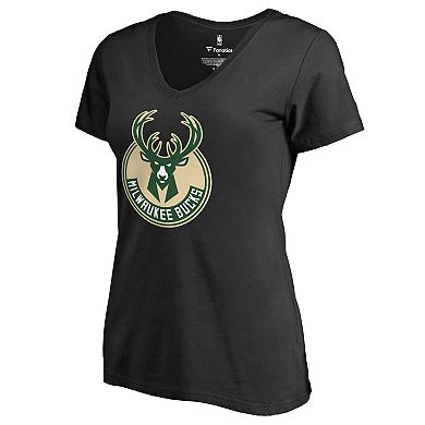 Women's Fanatics Branded Black Milwaukee Bucks Primary Logo V-Neck T-Shirt