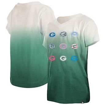 Youth New Era Green Green Bay Packers Multi Logo Ombre V-Neck T-Shirt