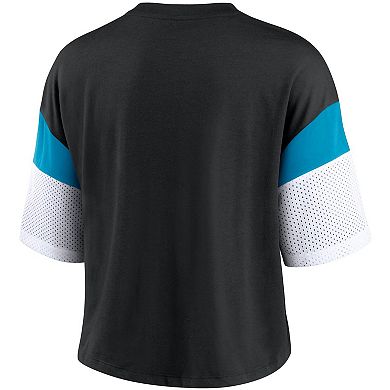 Women's Nike Black/White Carolina Panthers Nickname Tri-Blend Performance Crop Top