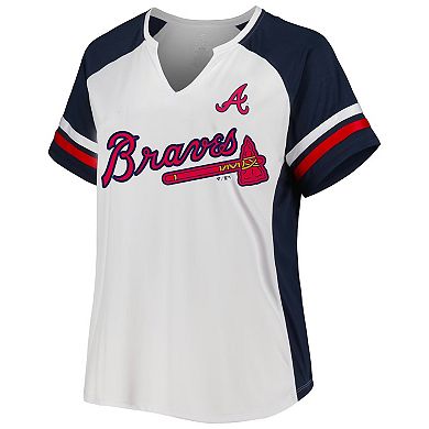 Women's White/Navy Atlanta Braves Plus Size Notch Neck T-Shirt