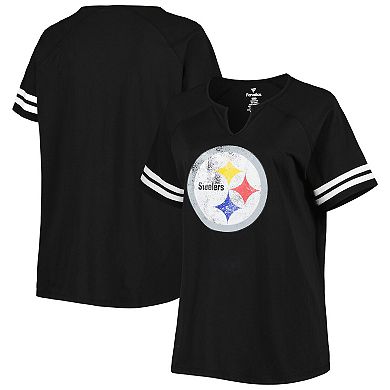 Women's Fanatics Branded Black Pittsburgh Steelers Plus Size Logo Striped Raglan Notch Neck T-Shirt